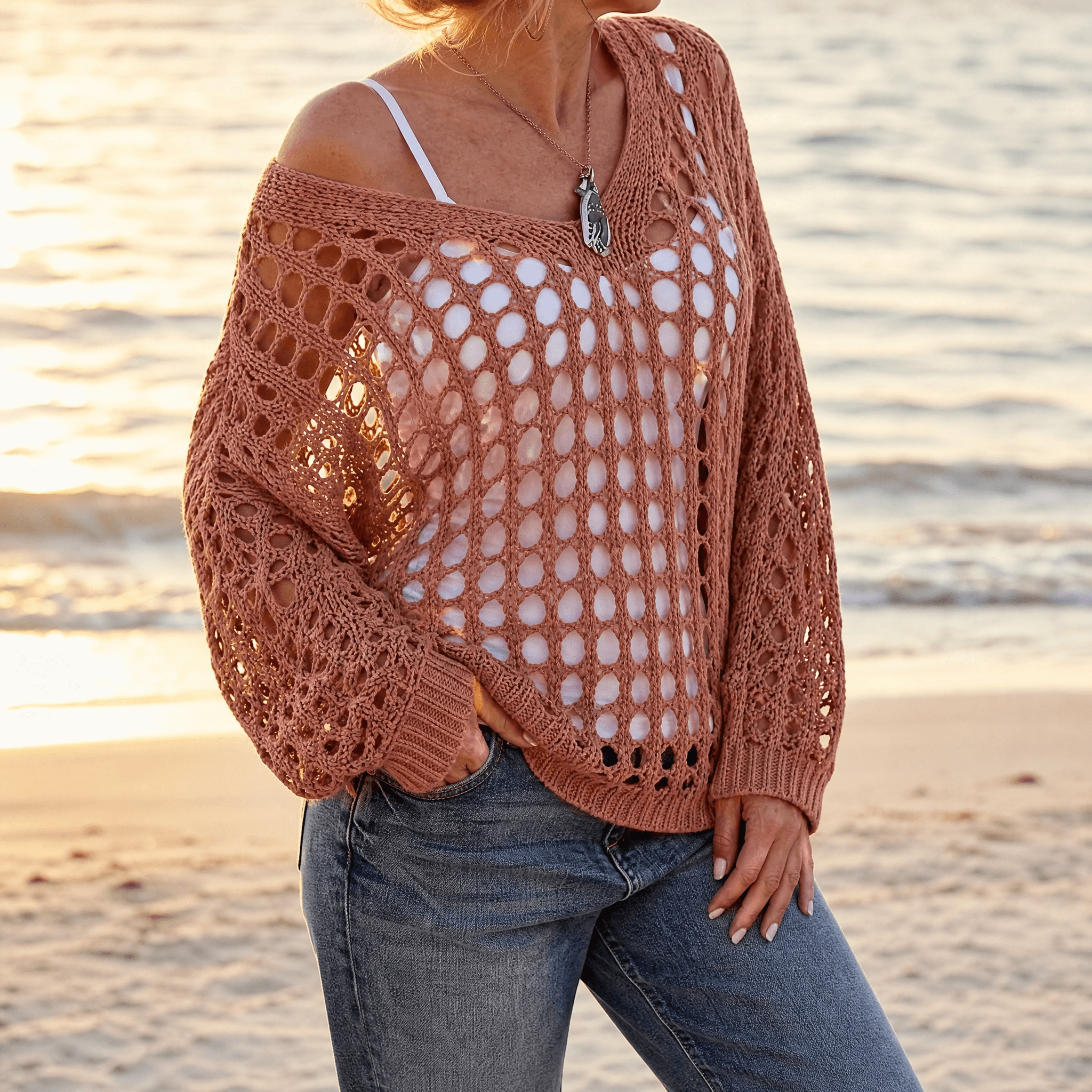 Covena – Women's breezy crochet knit layering top