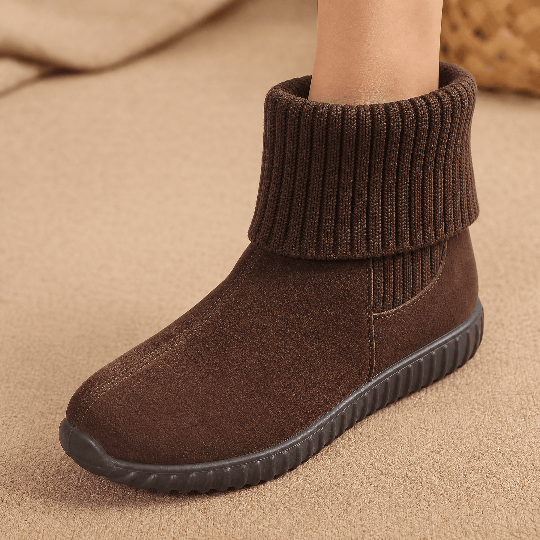 Cozella – Women's Knit Cuff Suede Ankle Booties