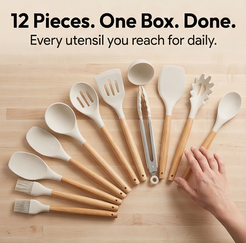Culinara – 12 Piece Silicone Kitchen Set with Wooden Handles