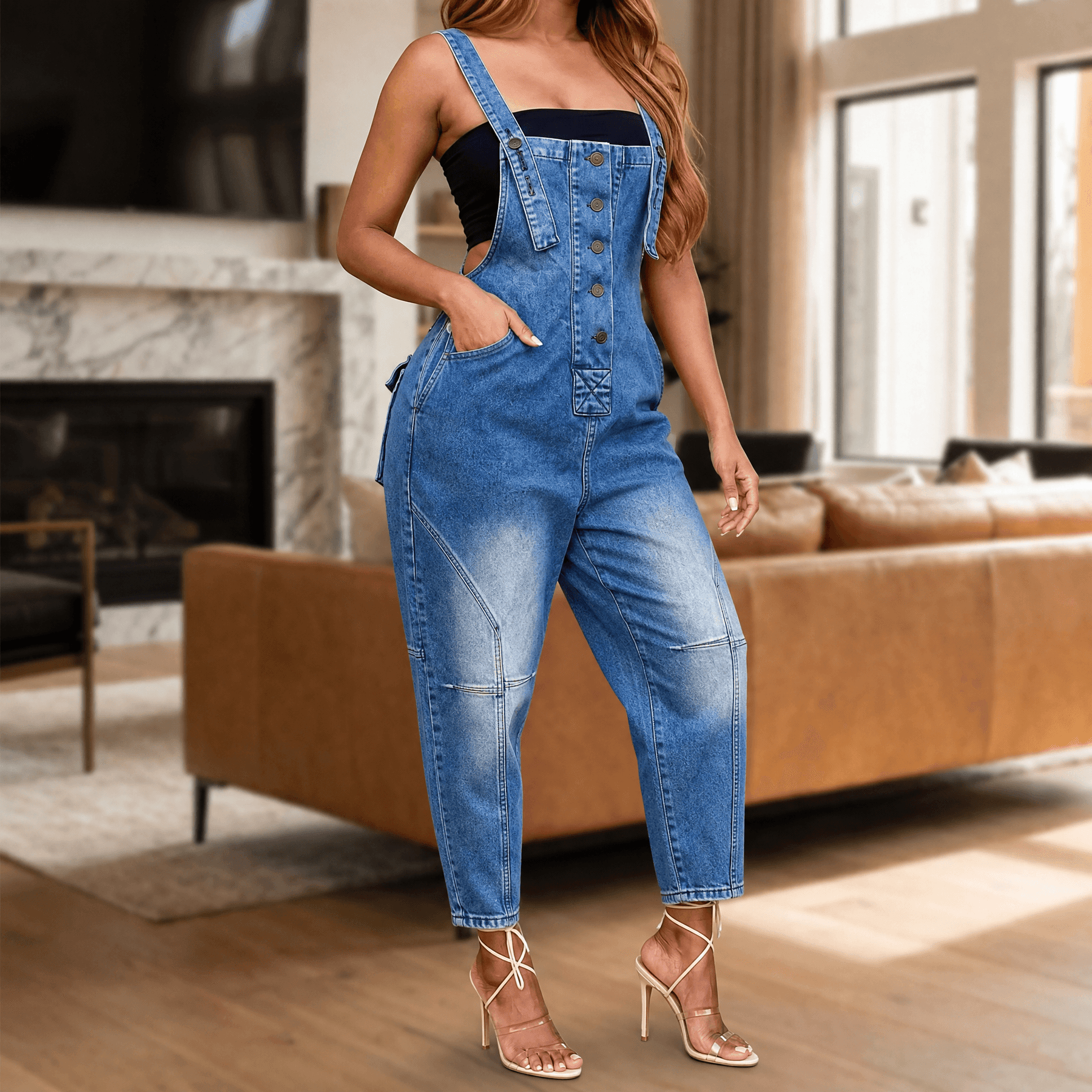 Curvella – Women's Button-Front Tapered Denim Overalls