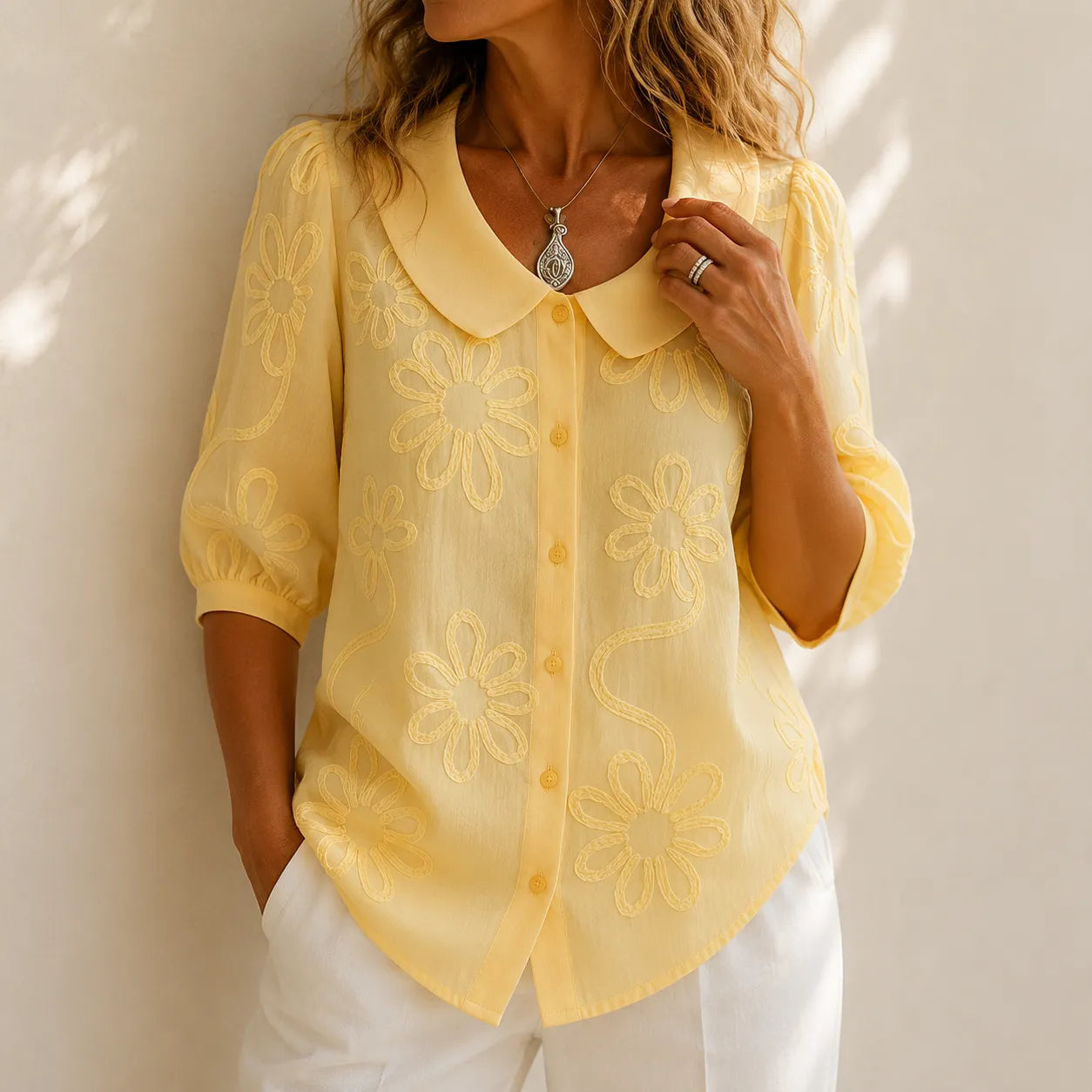 Fiora – Textured Floral Blouse with Puff Sleeves
