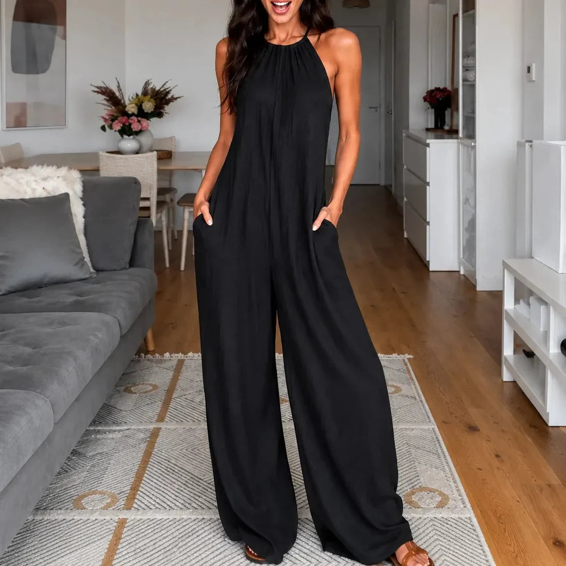 Drevana – Halter Wide-Leg Jumpsuit with Deep Pockets, Flowy Drape