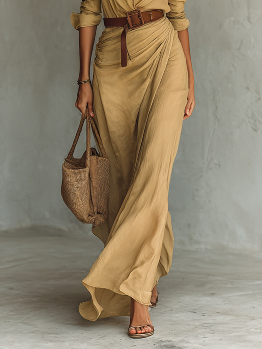 Elegant Maxi Dress with Lapels and Long Sleeves for Women