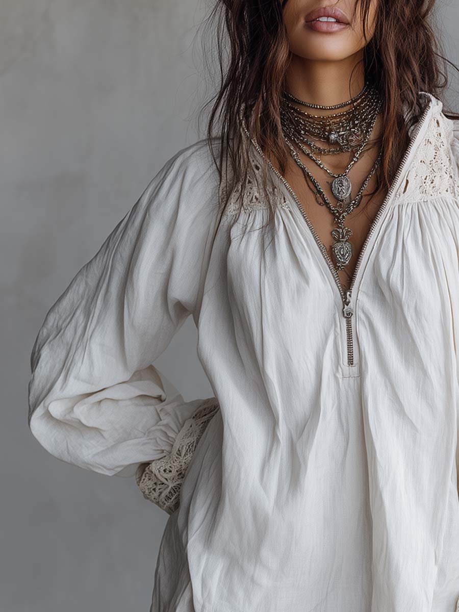 Vintage-style Zip-up Collar Lace-trimmed White Mini Dress