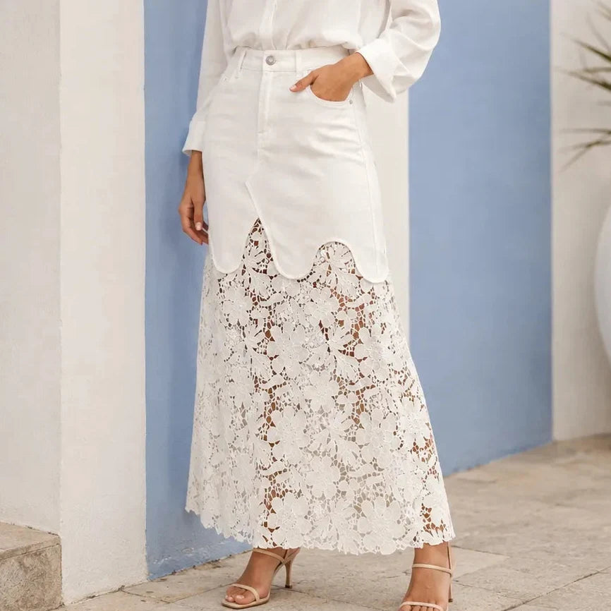 Florenza – Floral lace hem high waist denim maxi skirt with pockets