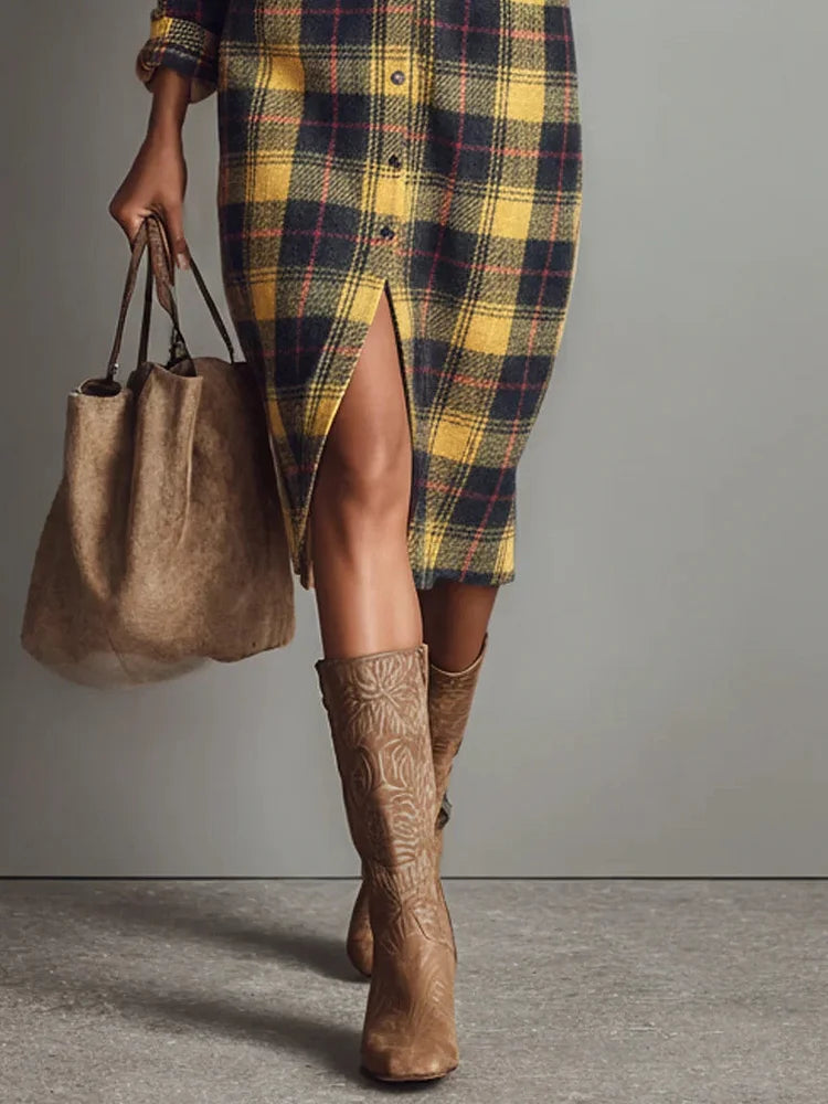 Plaid Flannel Midi Dress with Long Sleeves