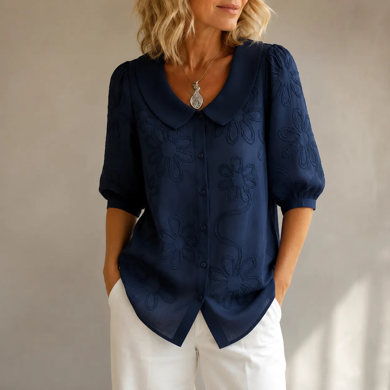 Fiora – Textured Floral Blouse with Puff Sleeves