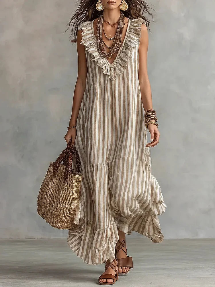 Women's Striped Art Ruffled Neck Casual Stylish Sleeveless Cotton Dress