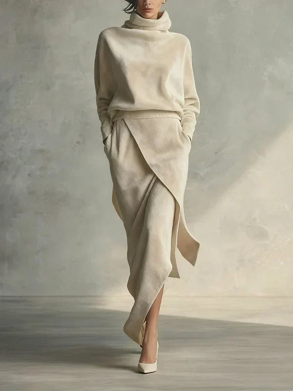 Solid Color Casual Velvet Set with Asymmetrical Design