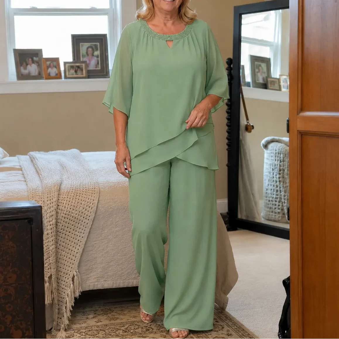 Elowen – Layered Chiffon-like Wedding Guest Pant Set for Women