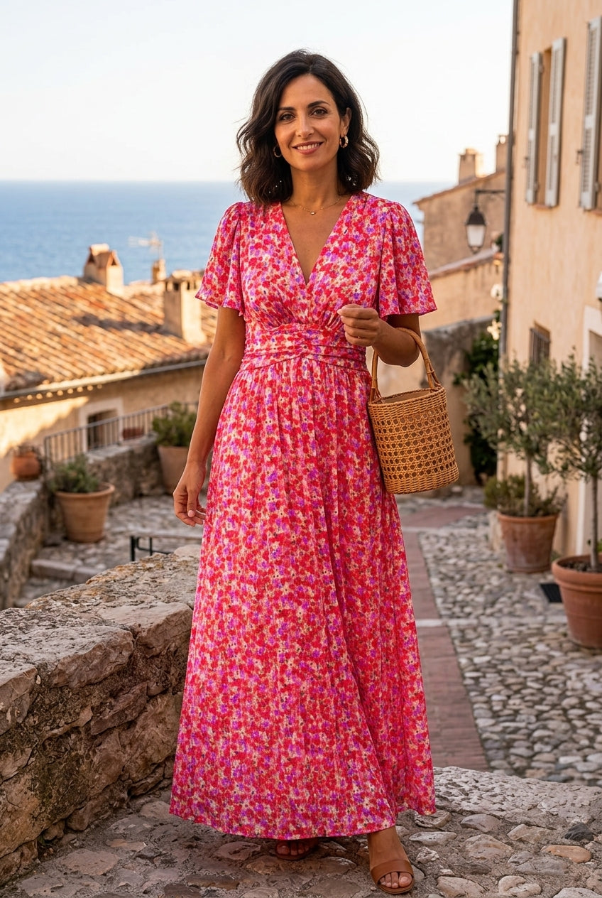 Élina – Long flowy dress with floral patterns