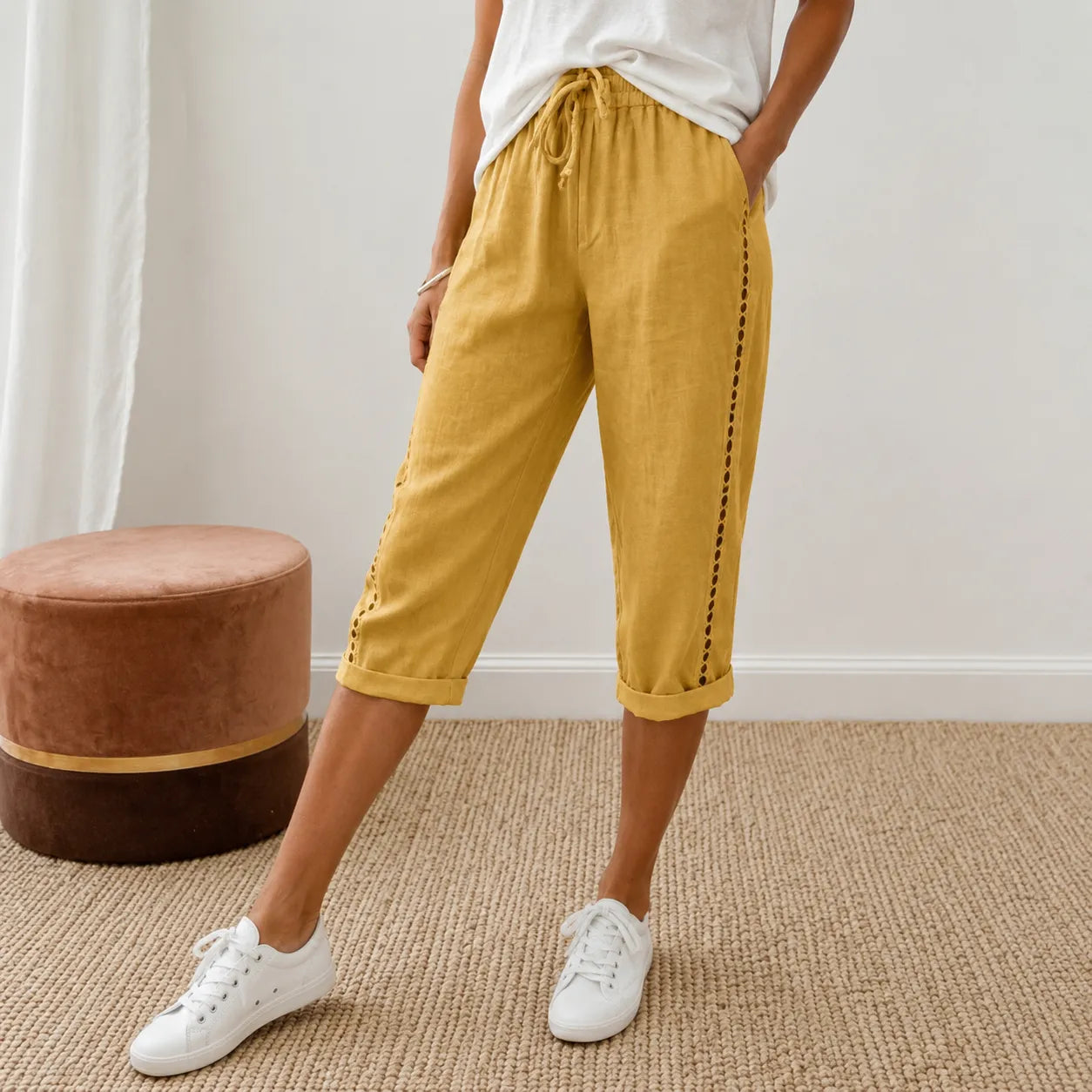 Loravie – Eyelet Trim Cotton-Linen-like Capri Pants with Drawstring Waist
