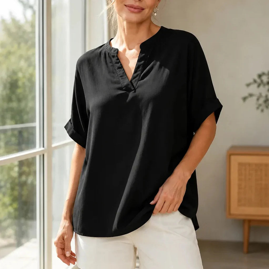 Linora – Notch V-Neck Short Sleeve Curved-Hem Tunic Blouse for Women