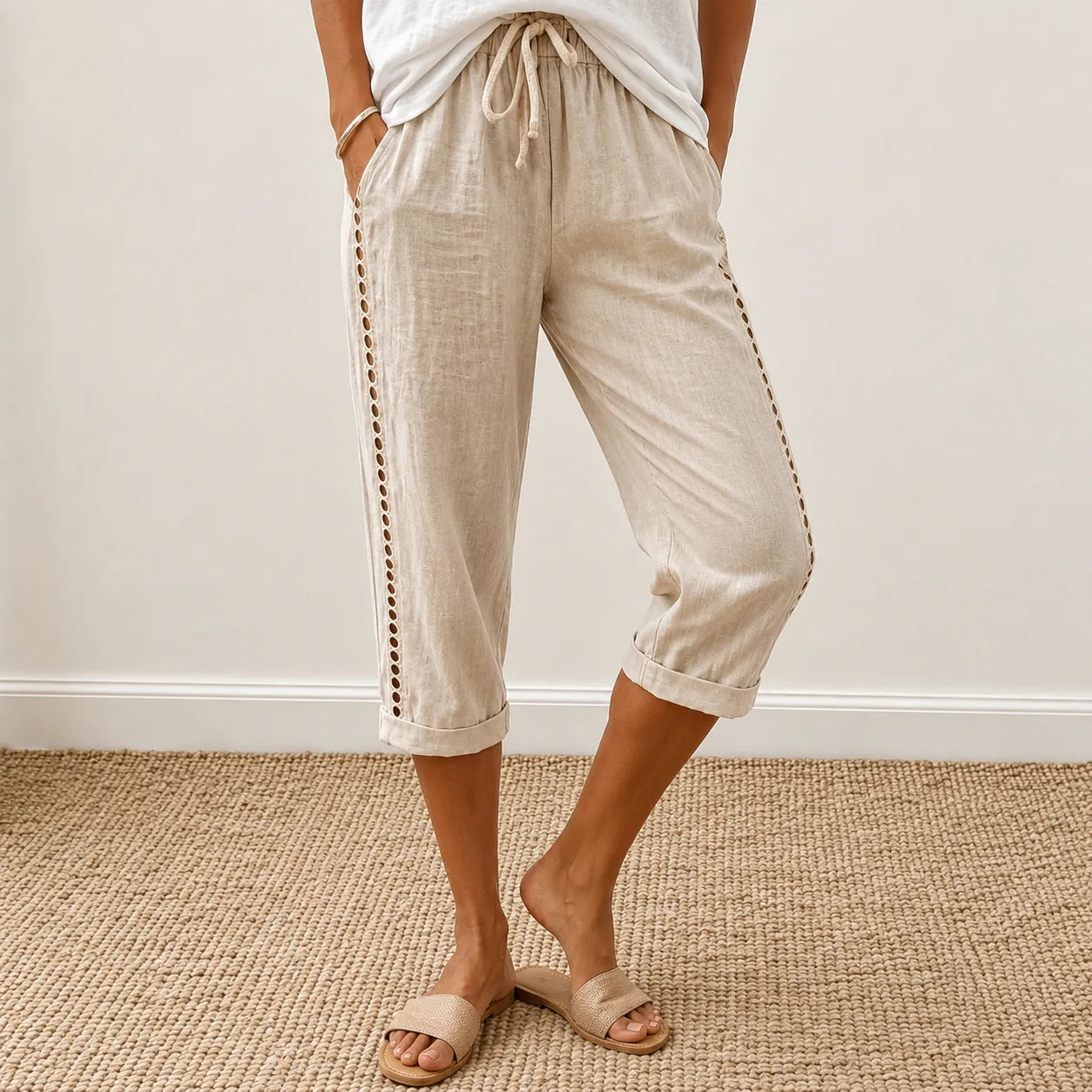 Loravie – Eyelet Trim Cotton-Linen-like Capri Pants with Drawstring Waist