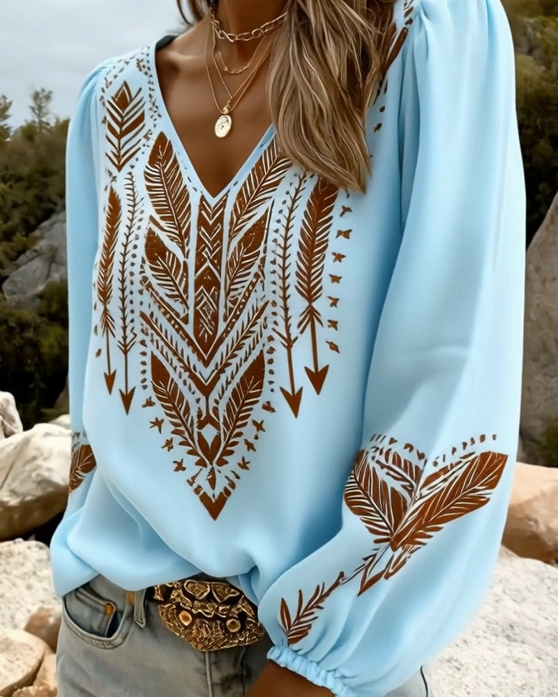V-Neck Blouse with Puff Sleeves and Relaxed Fit
