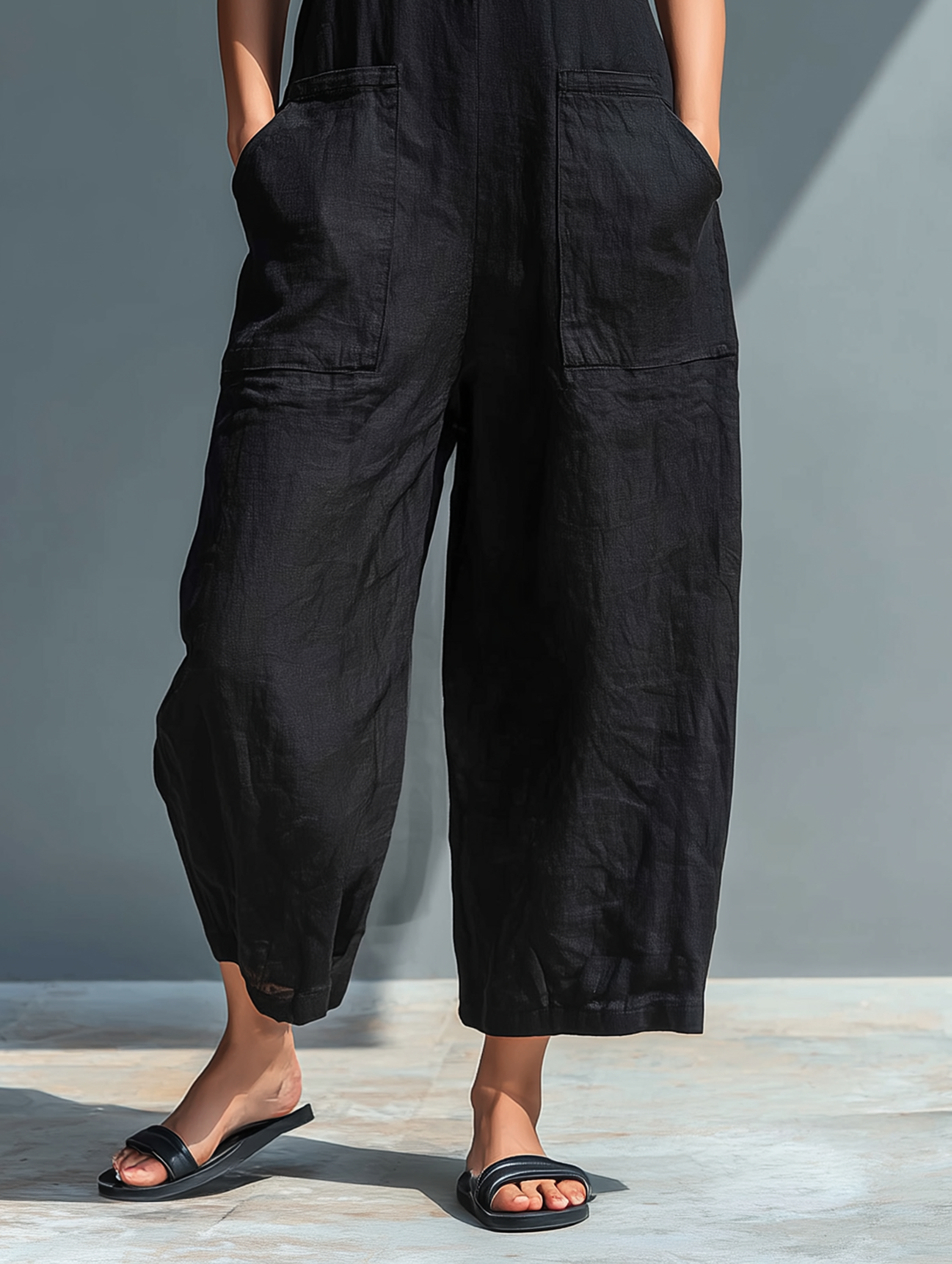 Sleeveless Linen Blend Overall with High Collar and Buttons for Women