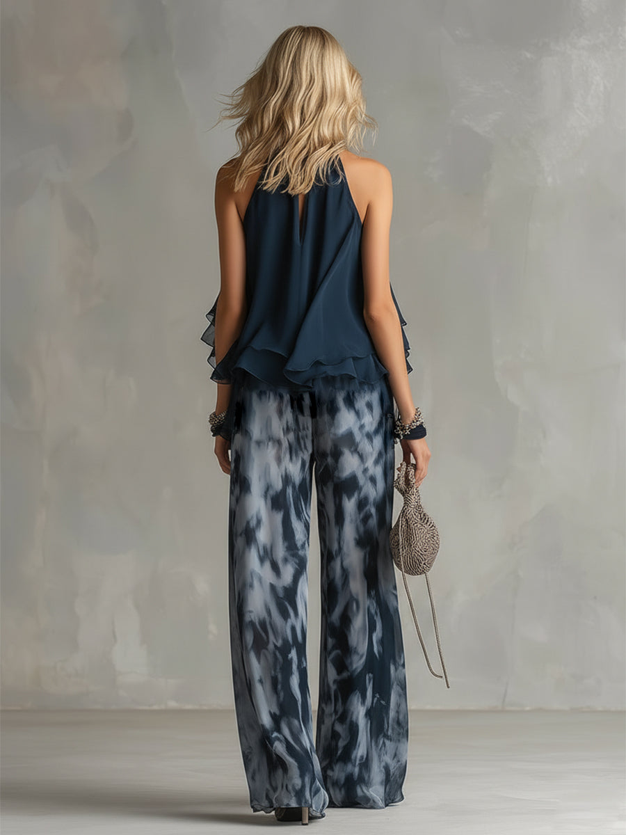 Ludovica | Elegant Navy Blue Halter Top and Wide Printed Pants Set