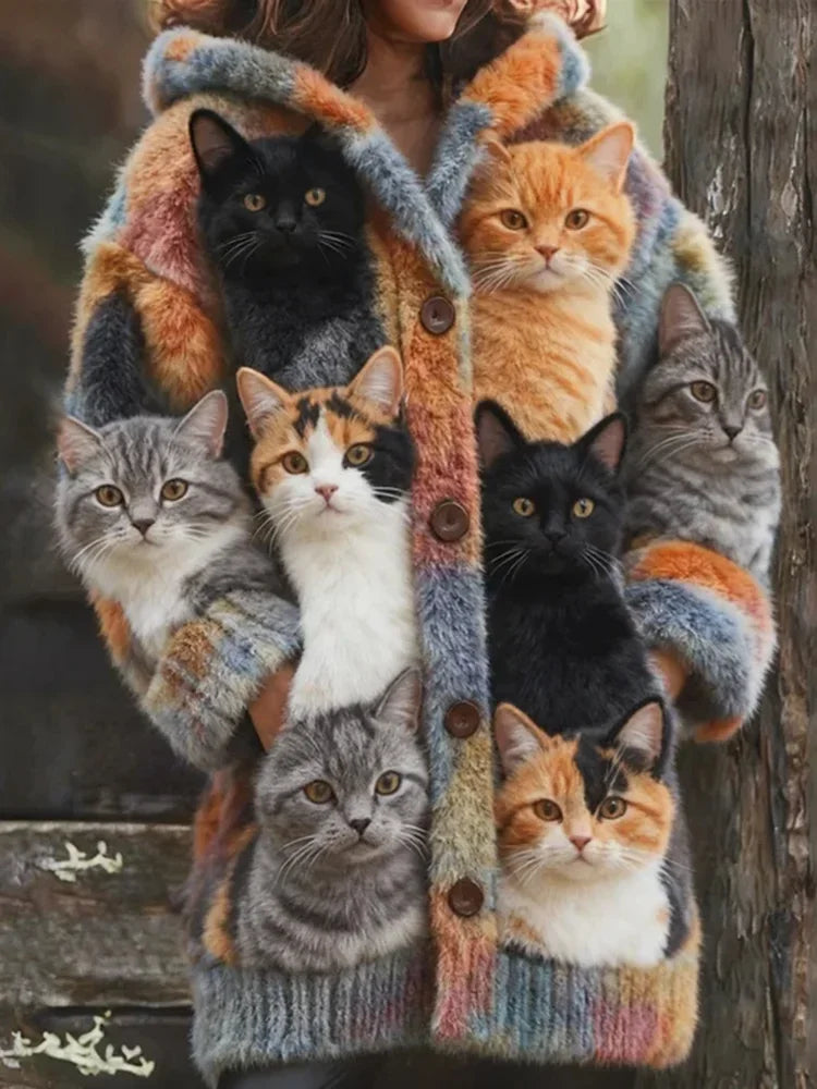 Niraya - Fleece Coat with Funny Cat Print