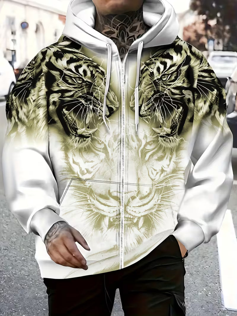 Luciano - Tiger Pattern Hooded Sweatshirt With Zipper