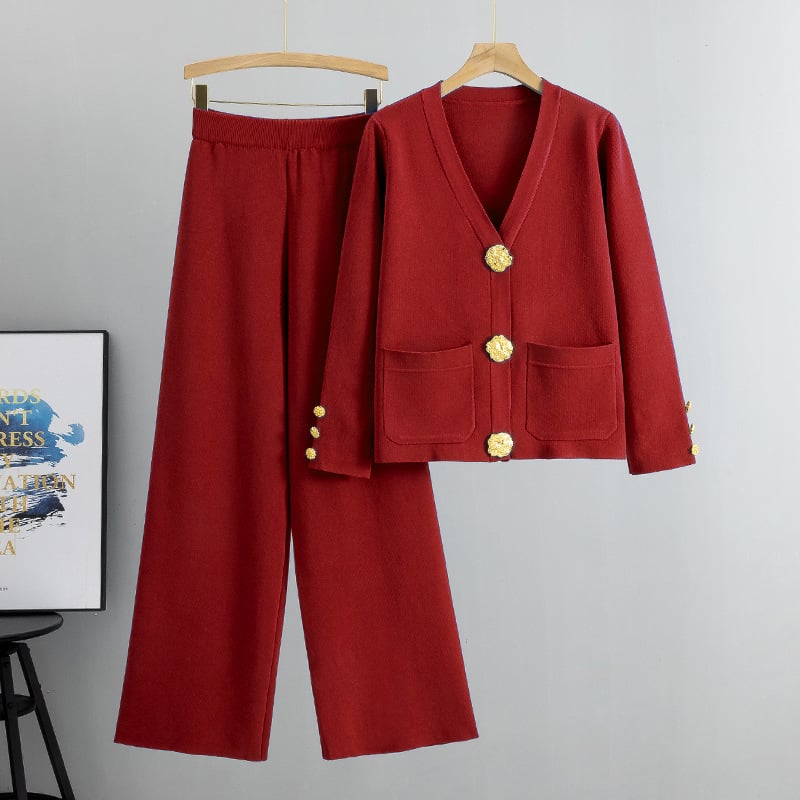 DAMARIS – METAL BUTTON WOOL SWEATER & WIDE-LEG PANTS SET