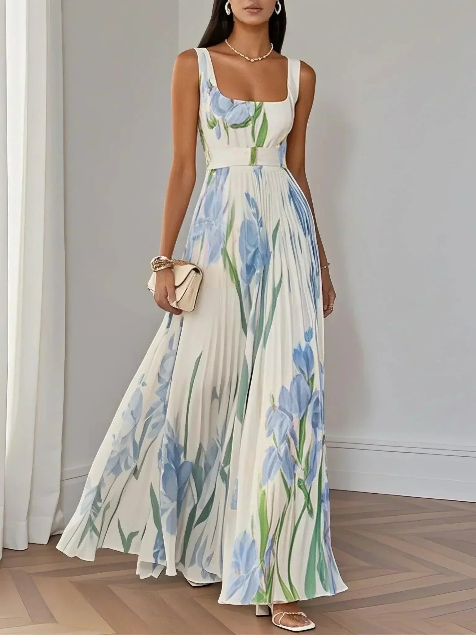 Pleated Long Dress in Mousseline - Timeless Elegance