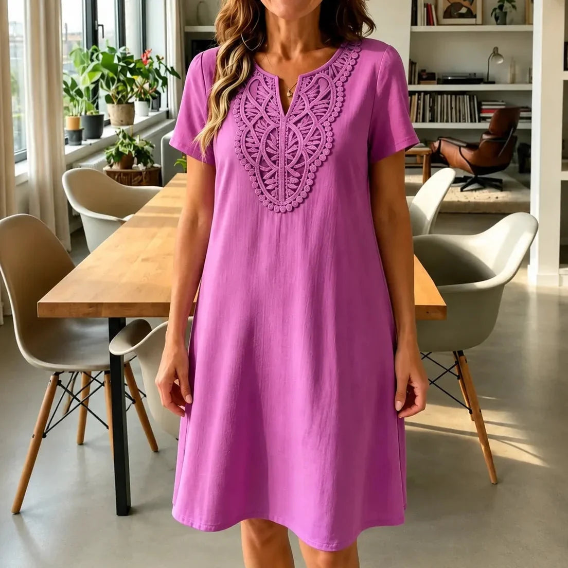 Loravie – Bohemian Lace-like Bib A-Line T-Shirt Dress