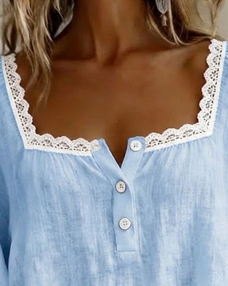 Balloon Sleeve Lace Blouse with Square Neckline