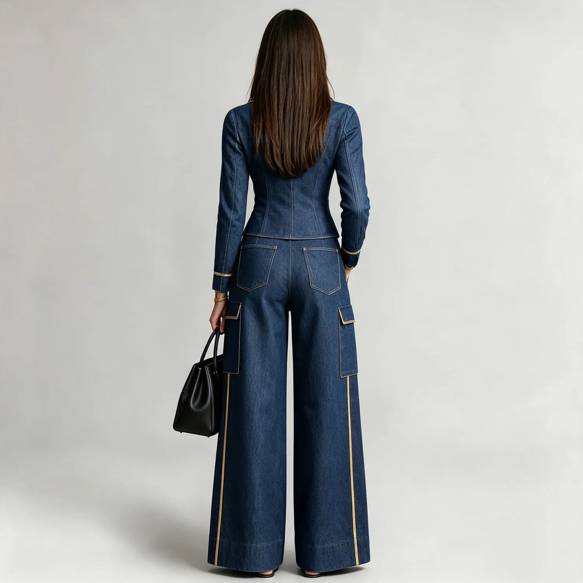 Women's Fashion Turndown Collar Zip Front Contrast Piping Chest Pocket Long Sleeve Denim Blouse