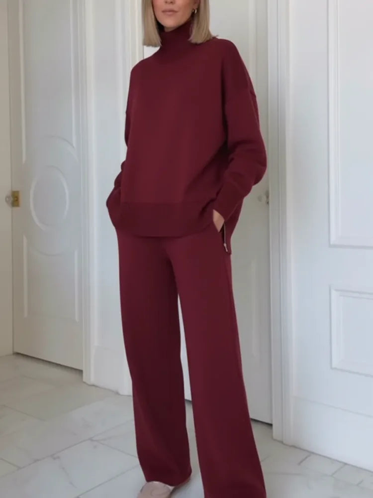 Two-Piece Set with High Collar and Zipper Closure, Straight Pants