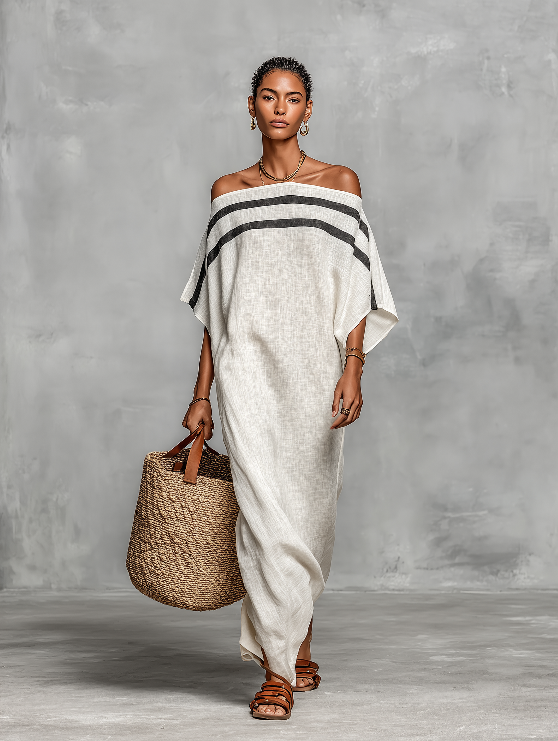 Maxi Minimalist Linen Dress for Women with Off-the-Shoulder Neckline and Batwing Sleeves