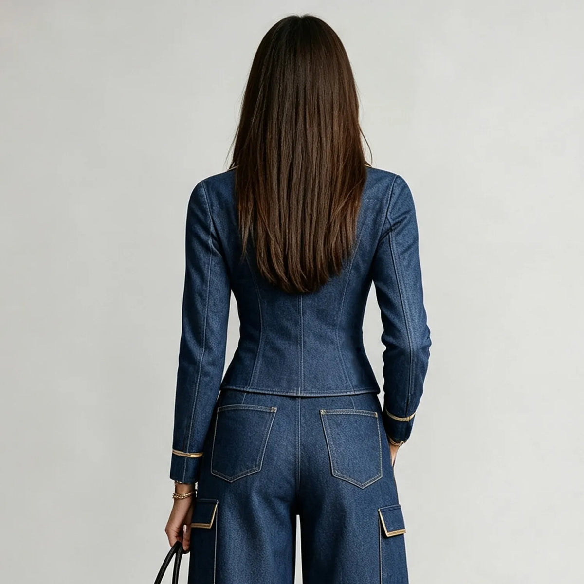 Women's Fashion Turndown Collar Zip Front Contrast Piping Chest Pocket Long Sleeve Denim Blouse