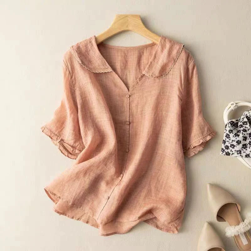 Sotiria - Elegant Linen Short Sleeve Blouse
