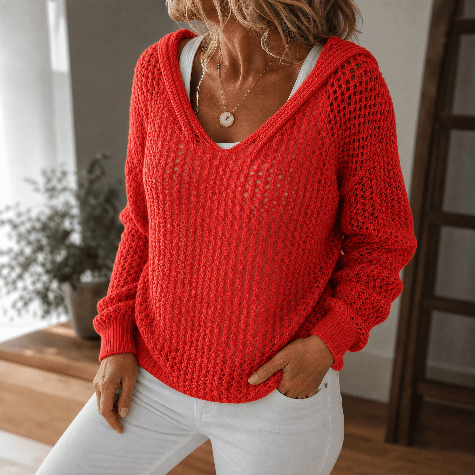 Delyne – Women's Open-Knit Hooded Pullover