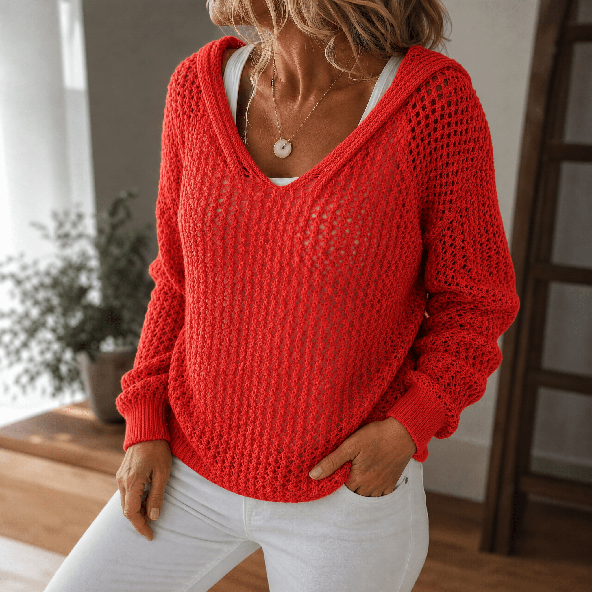 Delyne – Women's Open-Knit Hooded Pullover