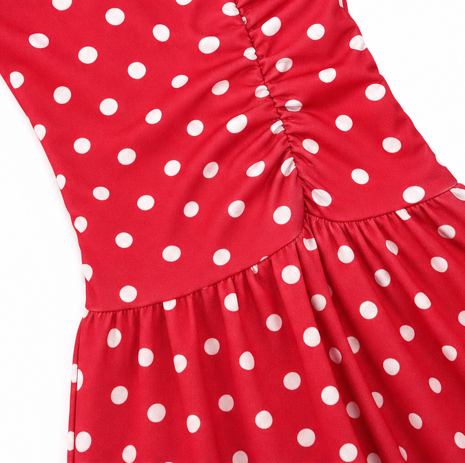 Doretta – Strapless Polka Dot Ruched Maxi Dress