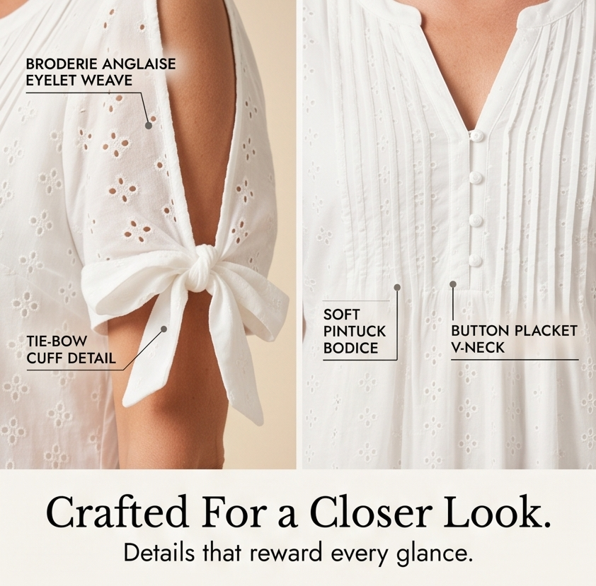 Florenza – Women's Eyelet Midi Dress with Tie-Bow Sleeves