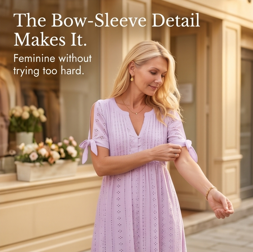 Florenza – Women's Eyelet Midi Dress with Tie-Bow Sleeves