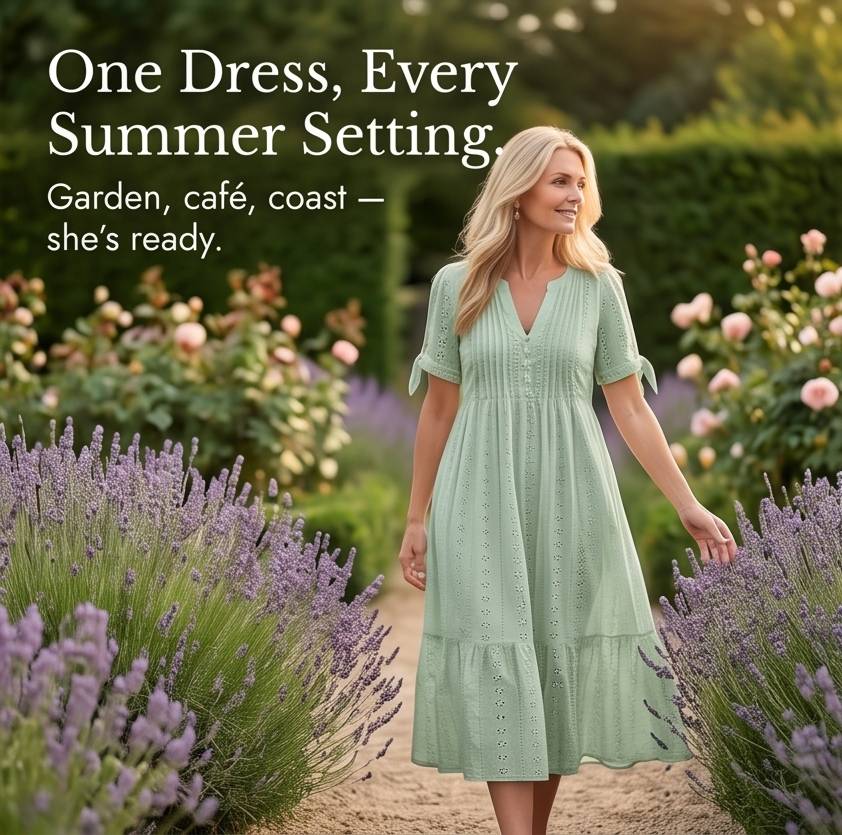 Florenza – Women's Eyelet Midi Dress with Tie-Bow Sleeves
