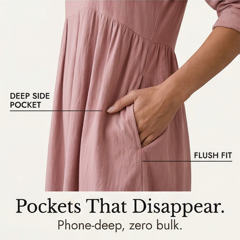 Elara – Women's Soft Cotton Midi Dress with Pockets