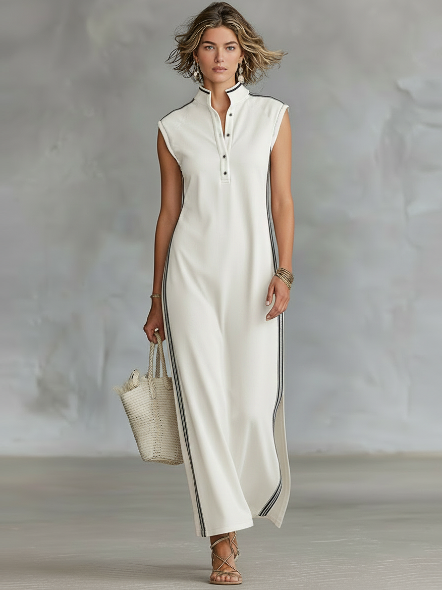 Women's Minimalist Athletic-Style Sleeveless Henley Maxi Dress MDZ1960C6Y