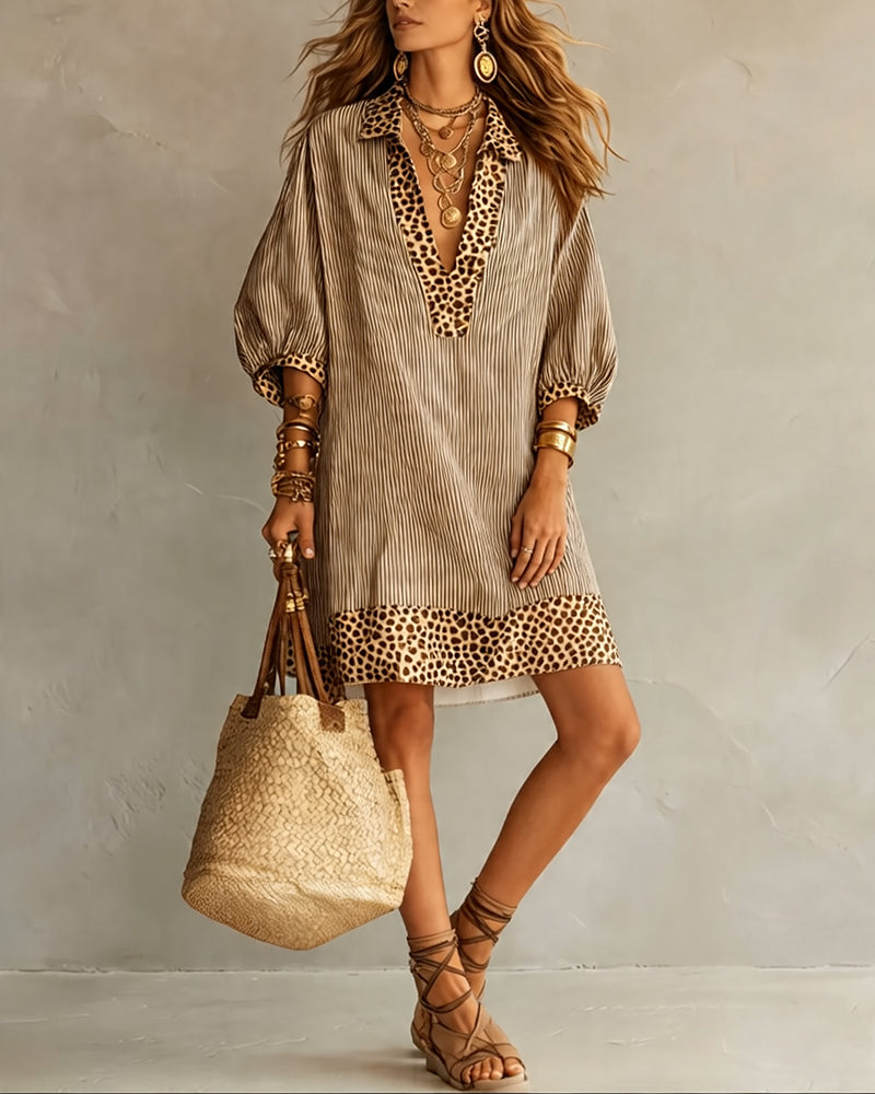 Striped Shirt Dress with Puff Sleeves and Leopard Print Panels