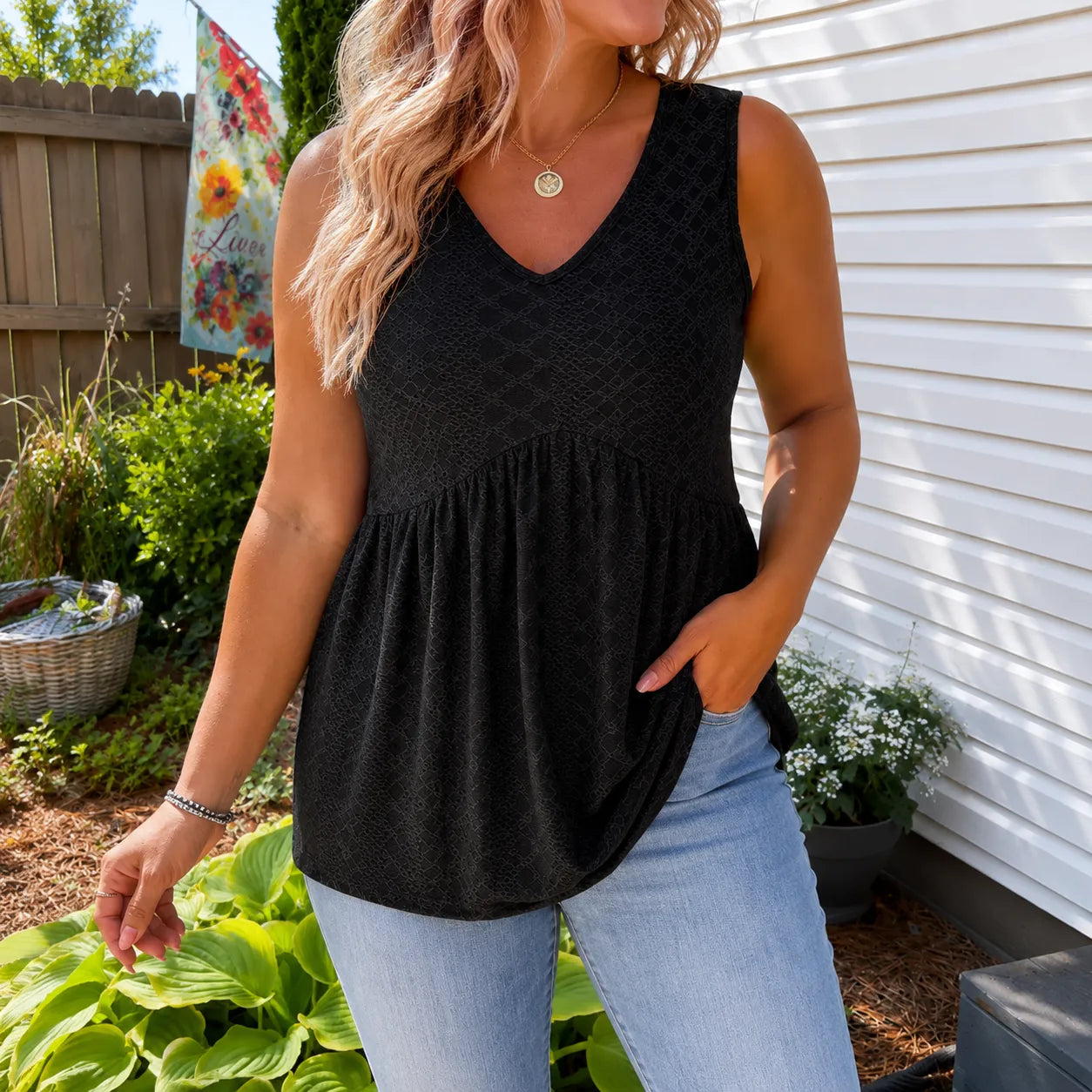 Florelle – Eyelet Peplum V-Neck Tank Top for Women, Flowy Sleeveless Summer Top