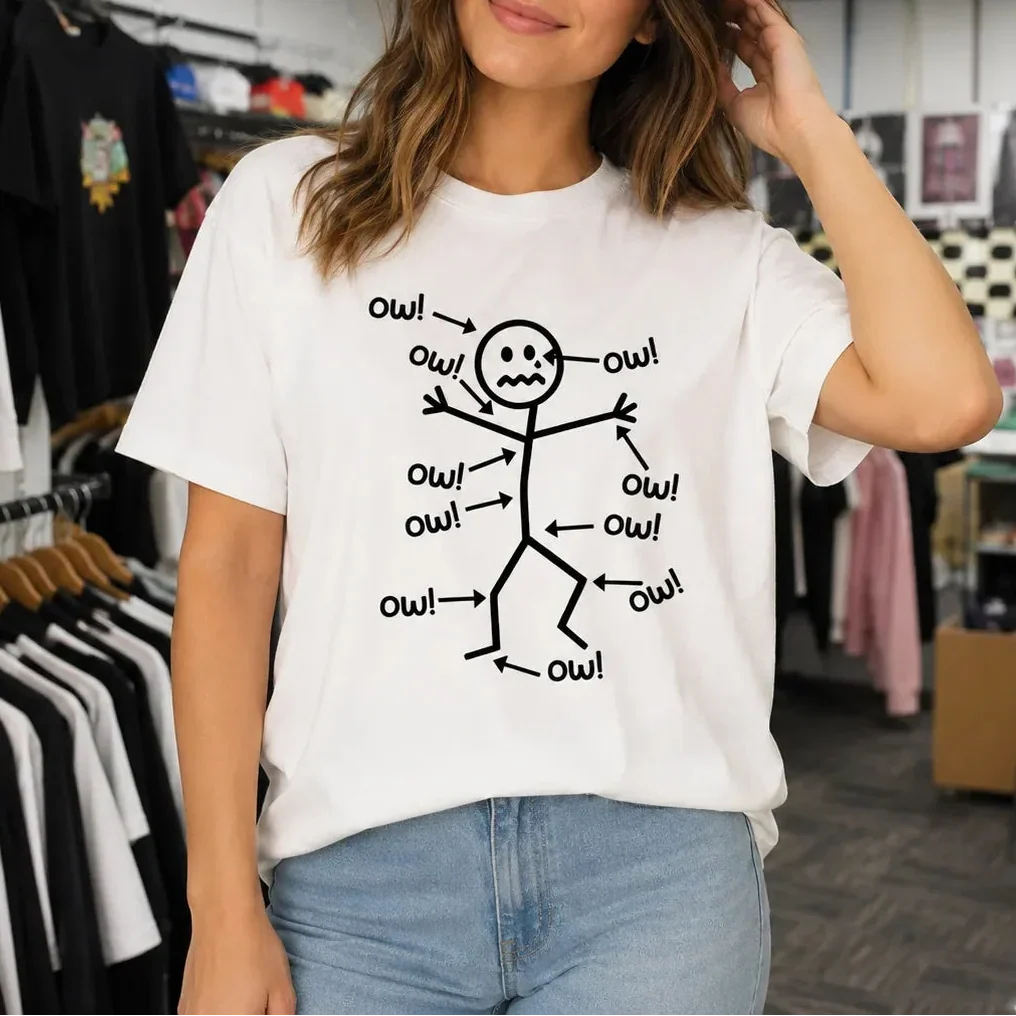 Achewear – Funny "Ow!" Stick Figure Graphic Tee, Relaxed Fit Cotton-like T-Shirt for Women & Men