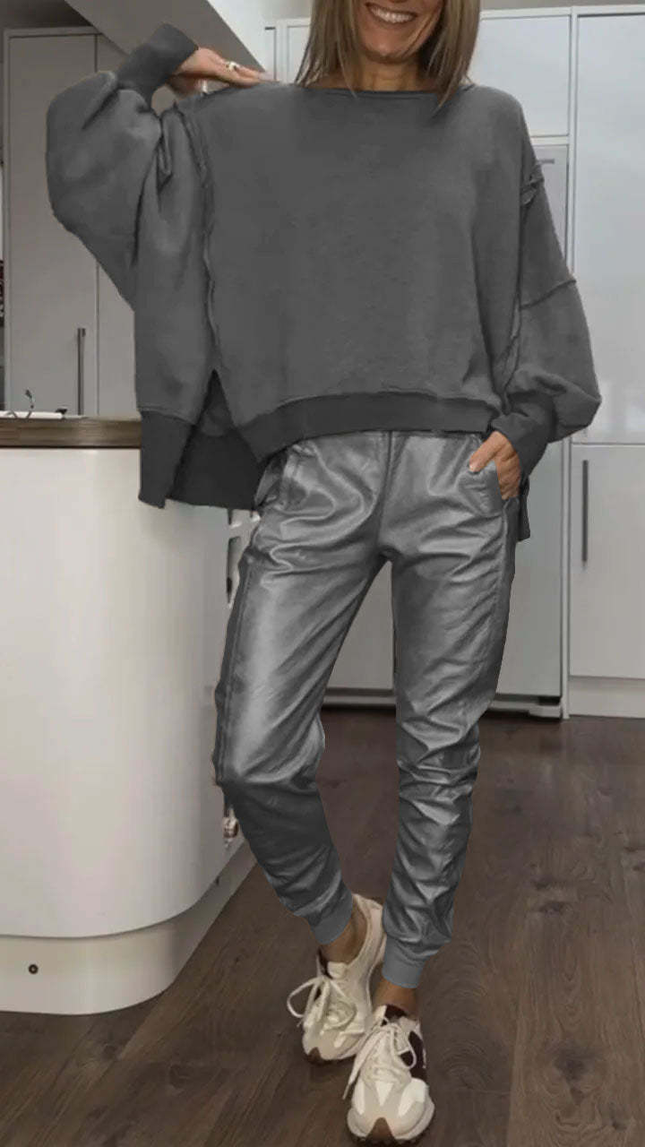 Casual Set with Round Neck for Women + Leather Pants