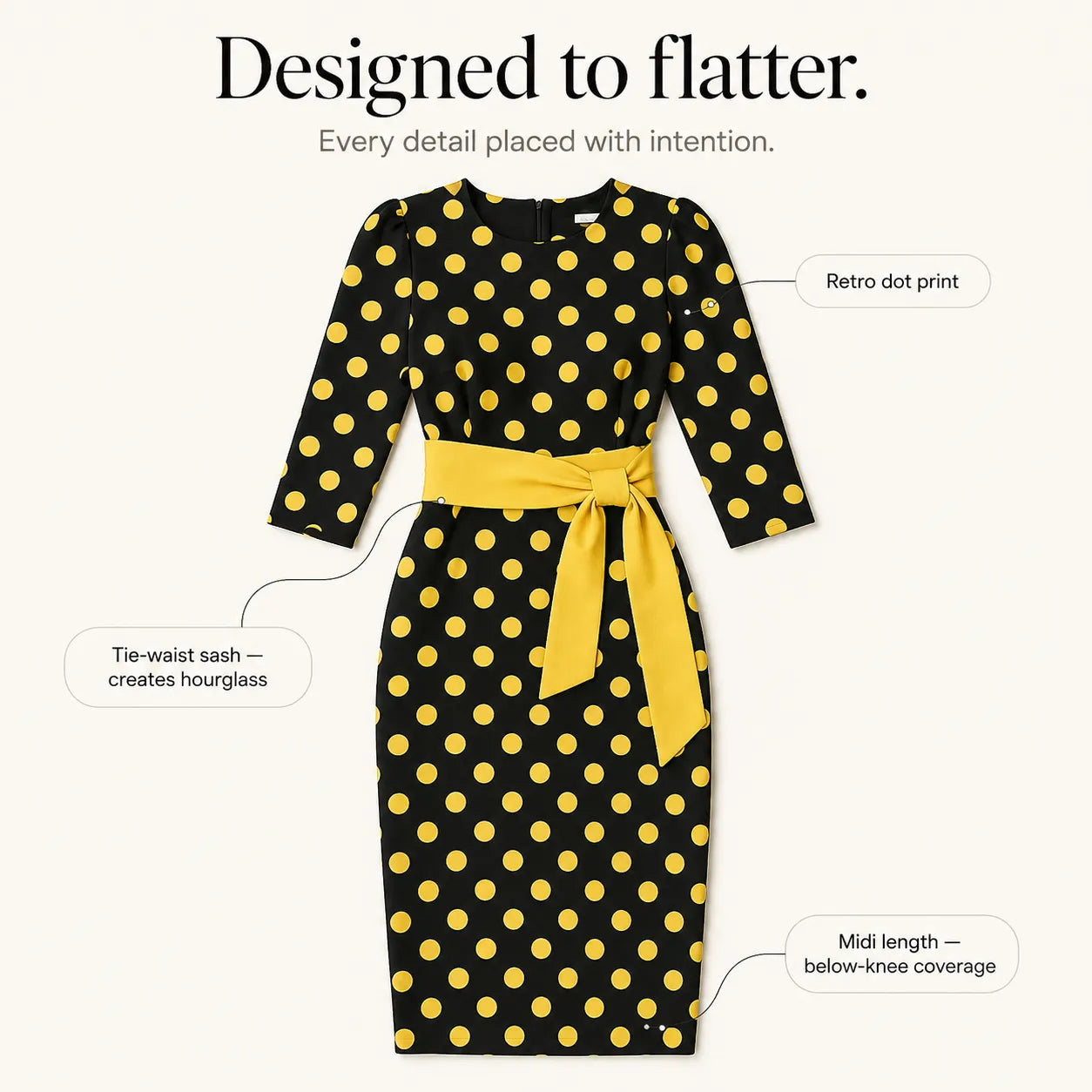 Belora – Retro Polka Dot Midi Dress with Belted Waist