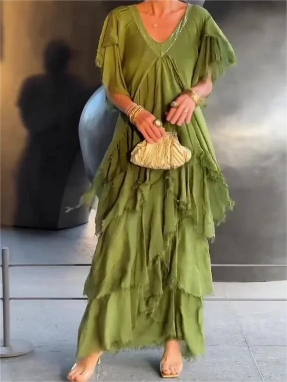 Elegant Maxi Dress with V-Neck and Ruffled Sleeves