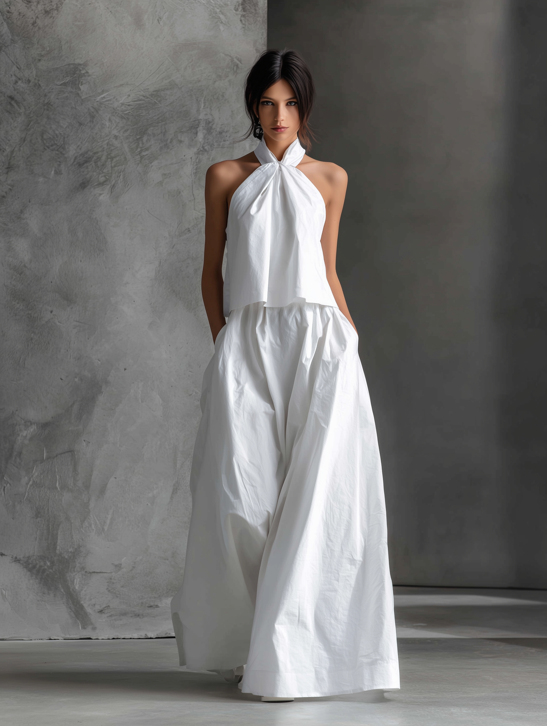 Women's Casual White Cotton And Linen Halter-neck Sleeveless Top And Skirt Set MDZ1269A6AN