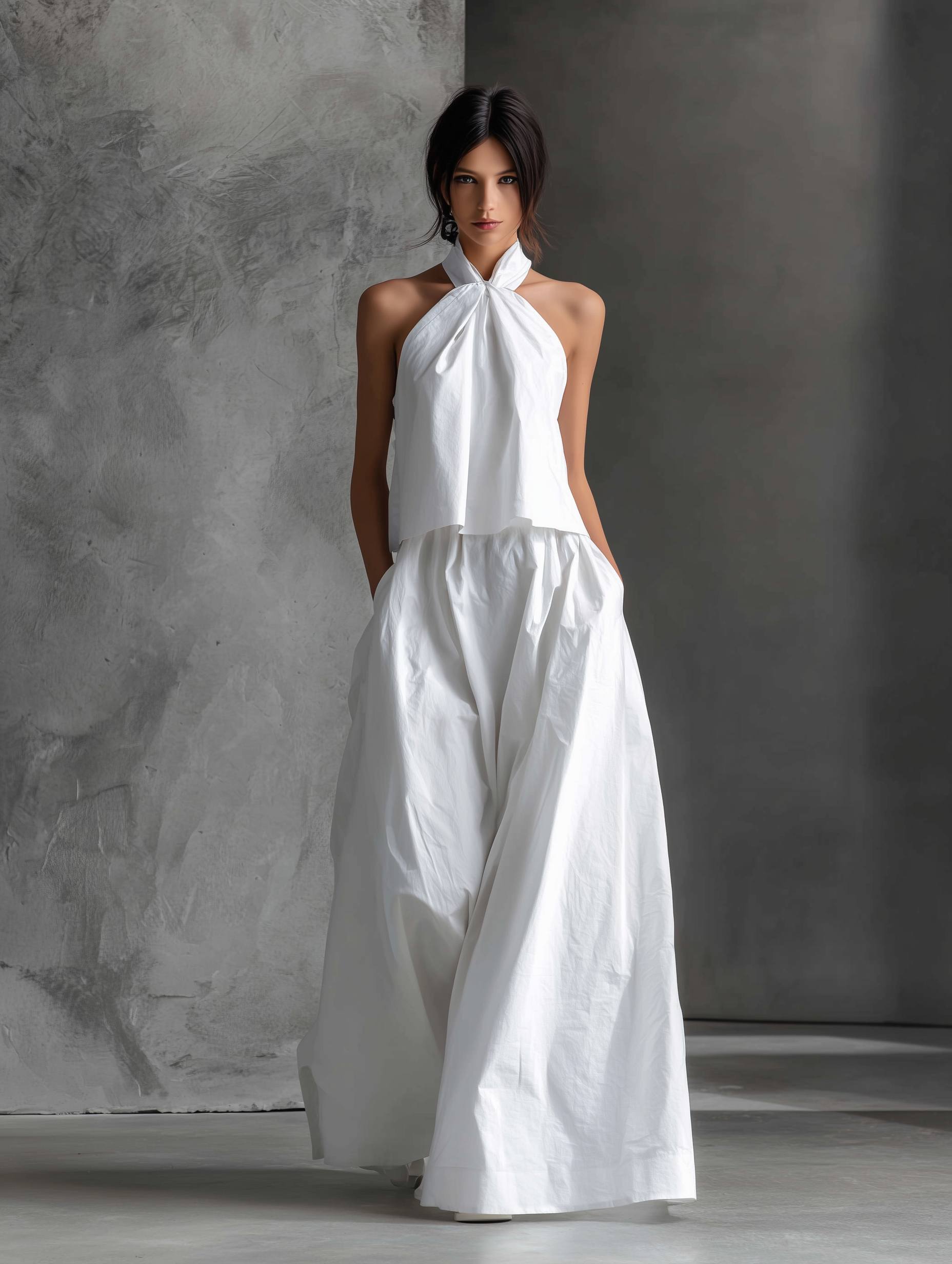 Women's Casual White Cotton And Linen Halter-neck Sleeveless Top And Skirt Set MDZ1269A6AN