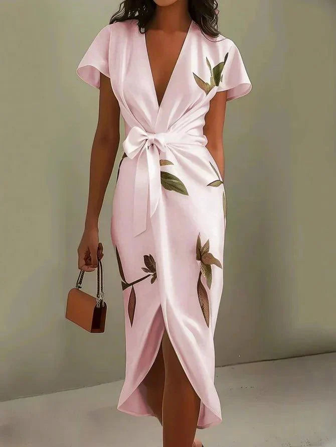 Florence bodycon dress in satin with short sleeves and white leaf pattern