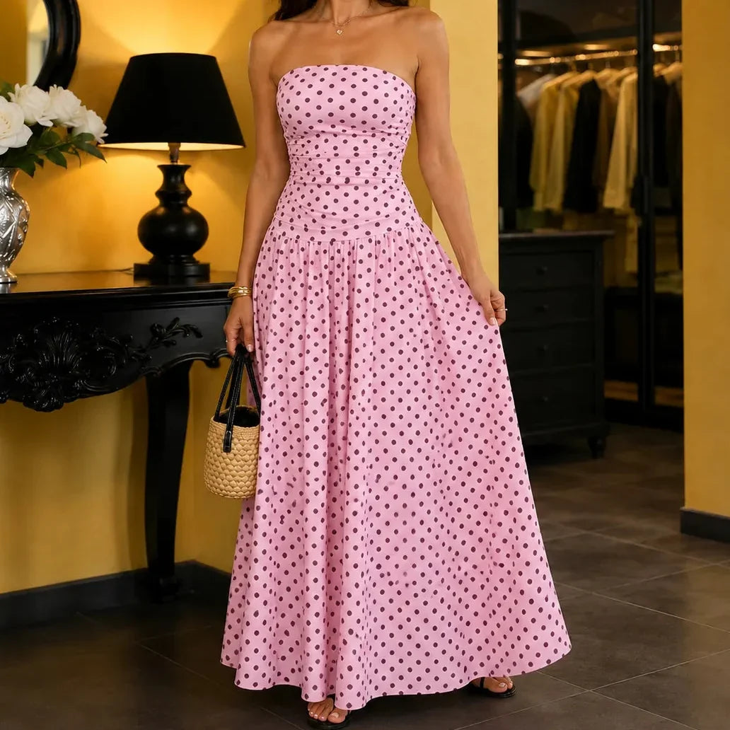 Doretta – Strapless Polka Dot Ruched Maxi Dress